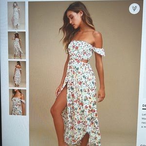 Easy on the Eyes Cream Floral Print Off the shoulder maxi Dress
